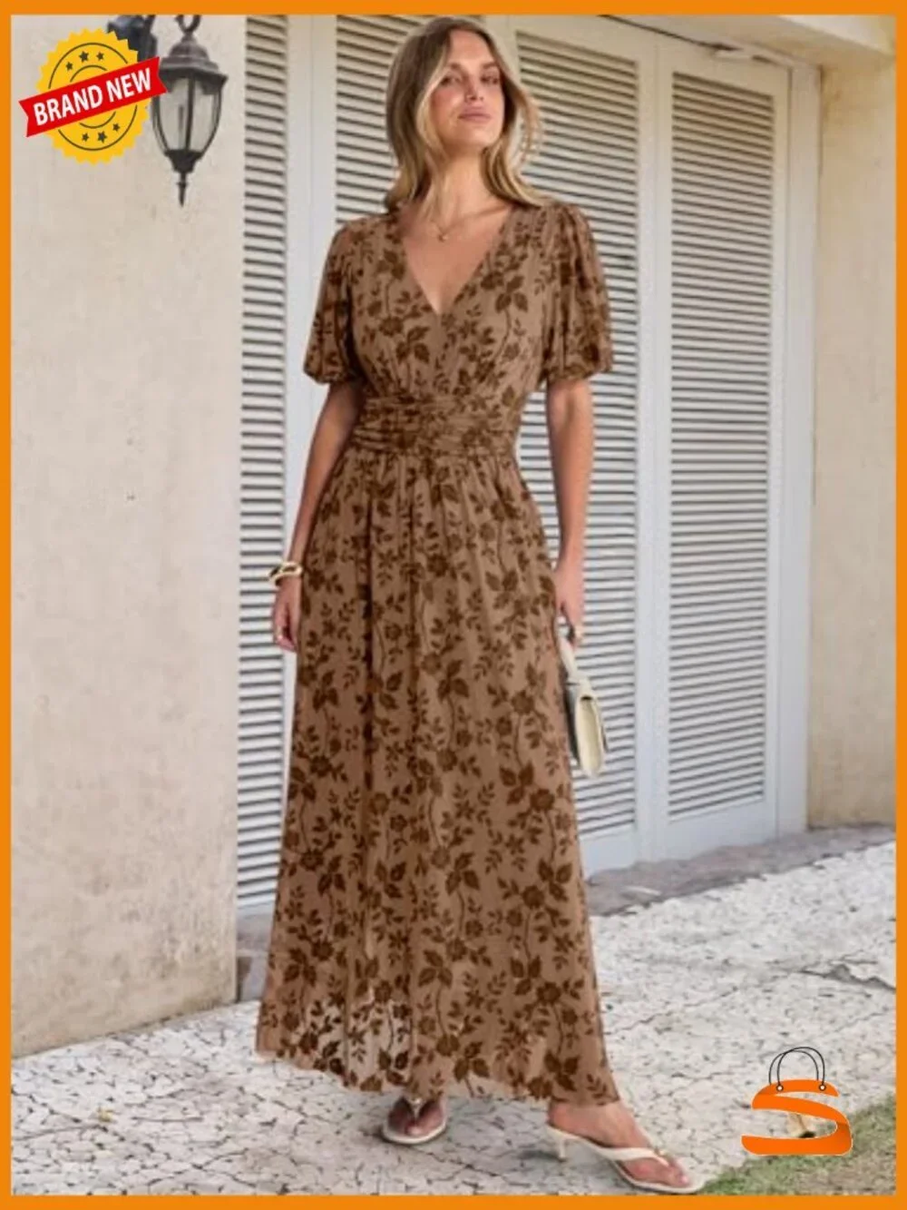 Floral Maxi Formal Dress Short Sleeve V-Neck Empire Waist Wedding Guest